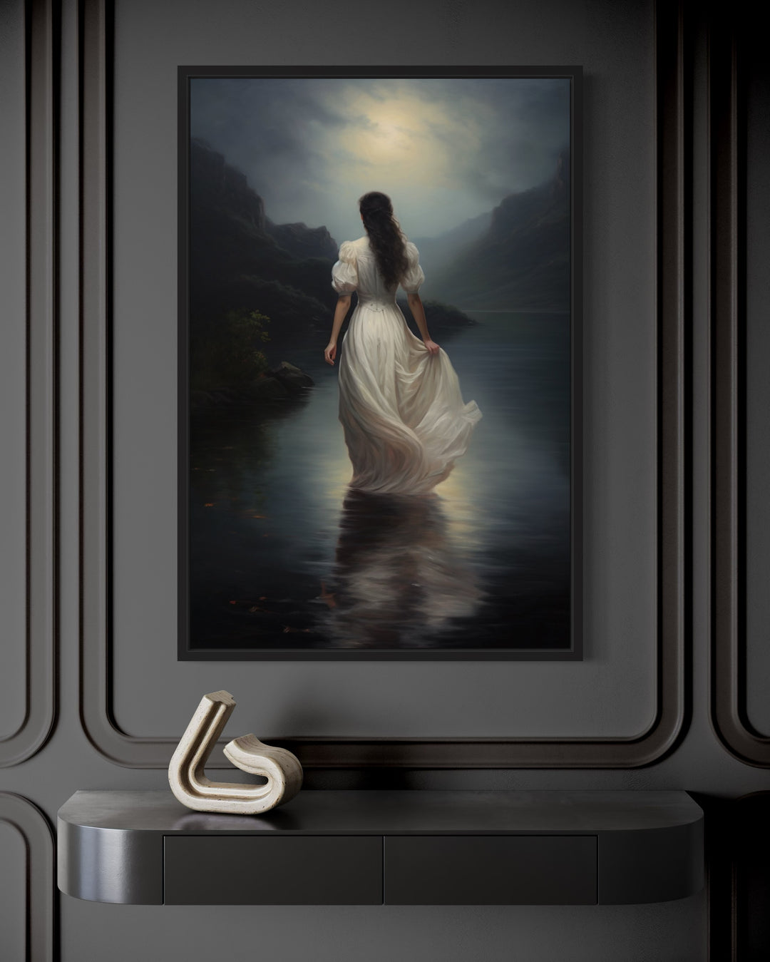 Woman Walking Into The Lake Dark Academia Framed Canvas Wall Art