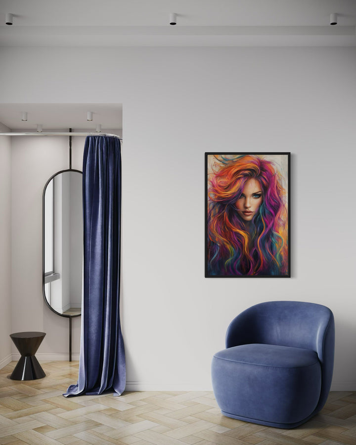 Woman With Coloful Hair Painting Framed Hairdresser Canvas Wall Art