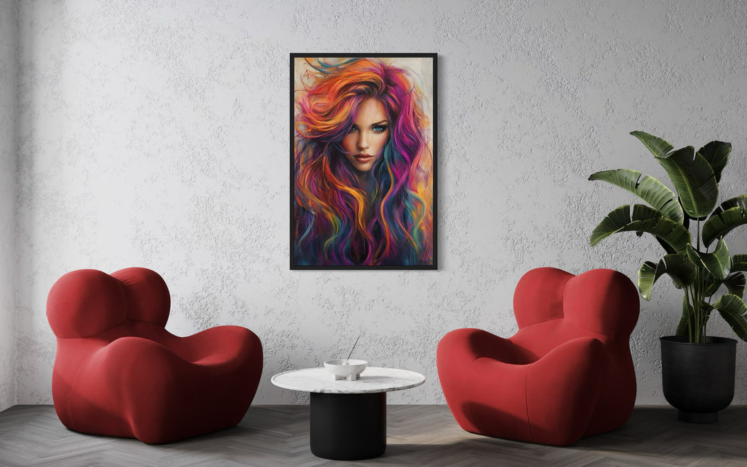 Woman With Coloful Hair Painting Framed Hairdresser Canvas Wall Art