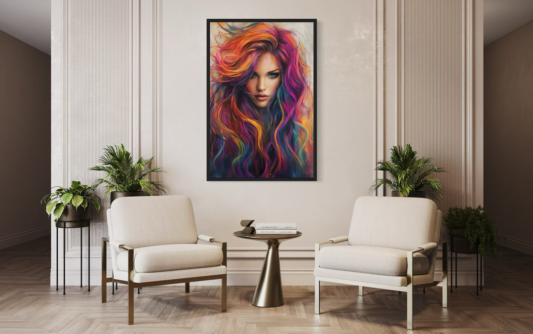 Woman With Coloful Hair Painting Framed Hairdresser Canvas Wall Art