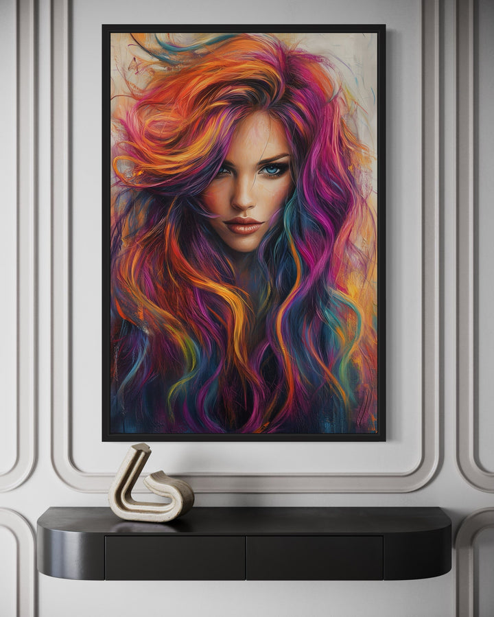 Woman With Coloful Hair Painting Framed Hairdresser Canvas Wall Art