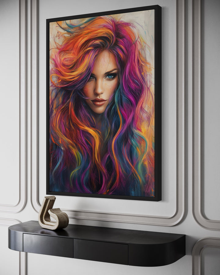 Woman With Coloful Hair Painting Framed Hairdresser Canvas Wall Art