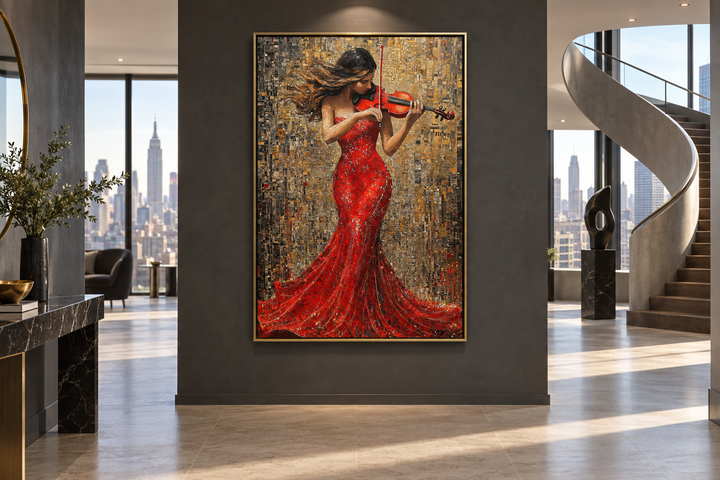 Framed canvas wall art of a woman in a red dress playing a violin in a modern living room.