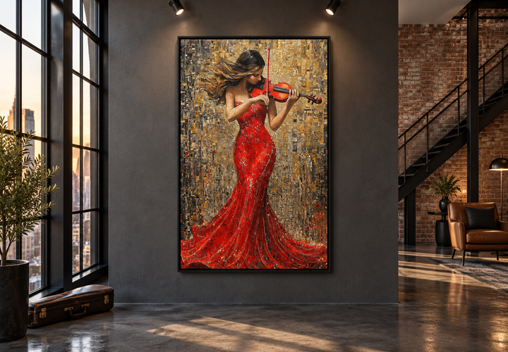 Framed canvas art of a woman in a red dress playing a violin, hung in a modern industrial loft.