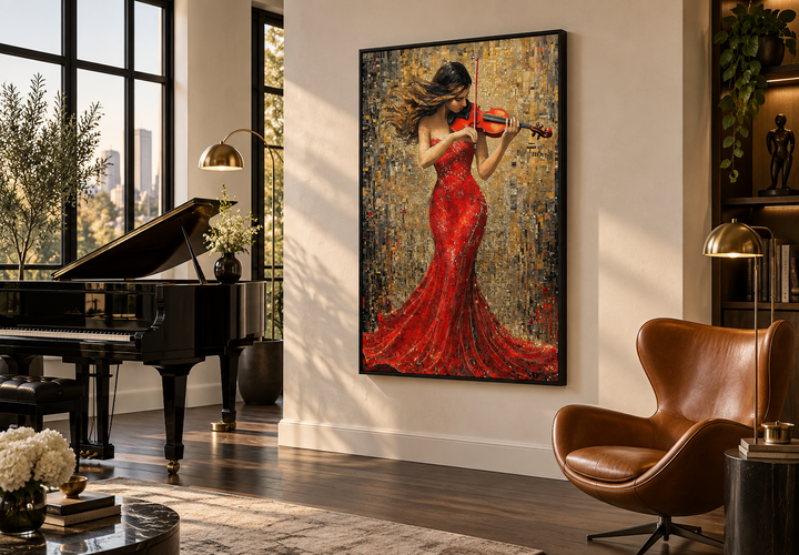 Framed canvas wall art of a woman in a red dress playing a violin in a modern living room.