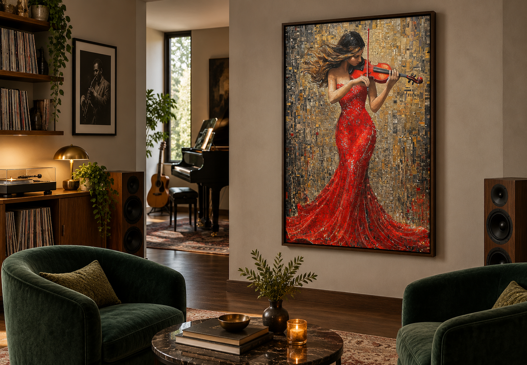 Framed canvas wall art of a woman in a red dress playing a violin in a modern living room.