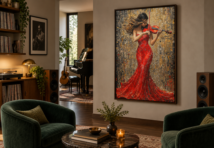 Framed canvas wall art of a woman in a red dress playing a violin in a modern living room.