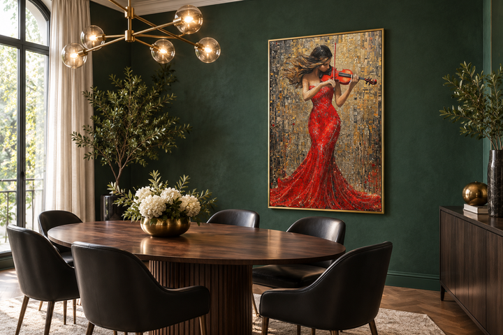 Framed canvas wall art of a woman in a red dress playing a violin, hung in a green dining room.