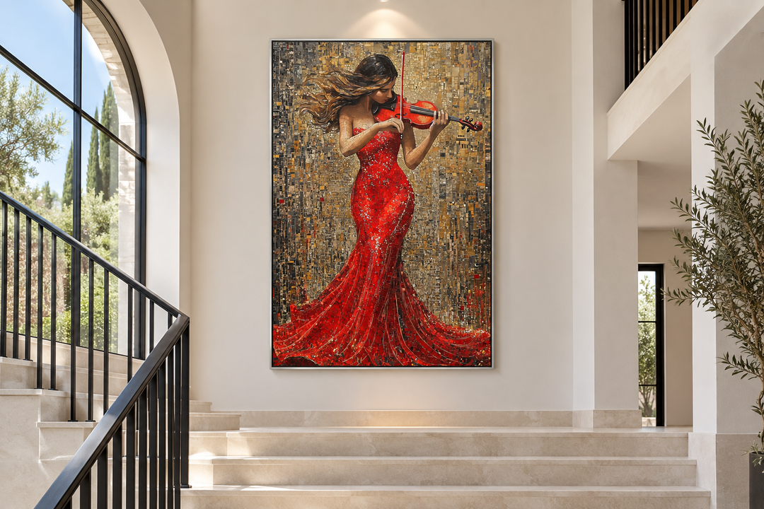 Violin Player In Red Dress Framed Canvas Wall Art hanging in a modern staircase hallway.
