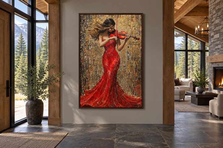 Violin Player In Red Dress Framed Canvas Wall Art hanging in a modern living room with mountain view.