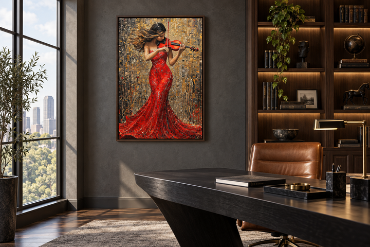 Framed canvas wall art of a woman in a red dress playing a violin in a modern office setting.