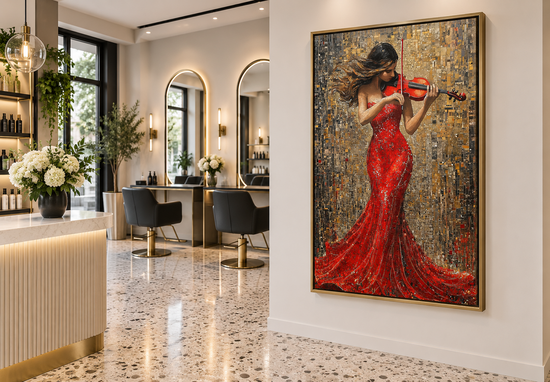 Framed canvas wall art of a woman in a red dress playing a violin in a modern salon setting.
