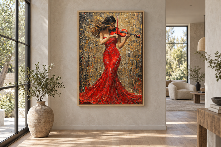 Framed canvas wall art of a woman in a red dress playing a violin in a modern living room.