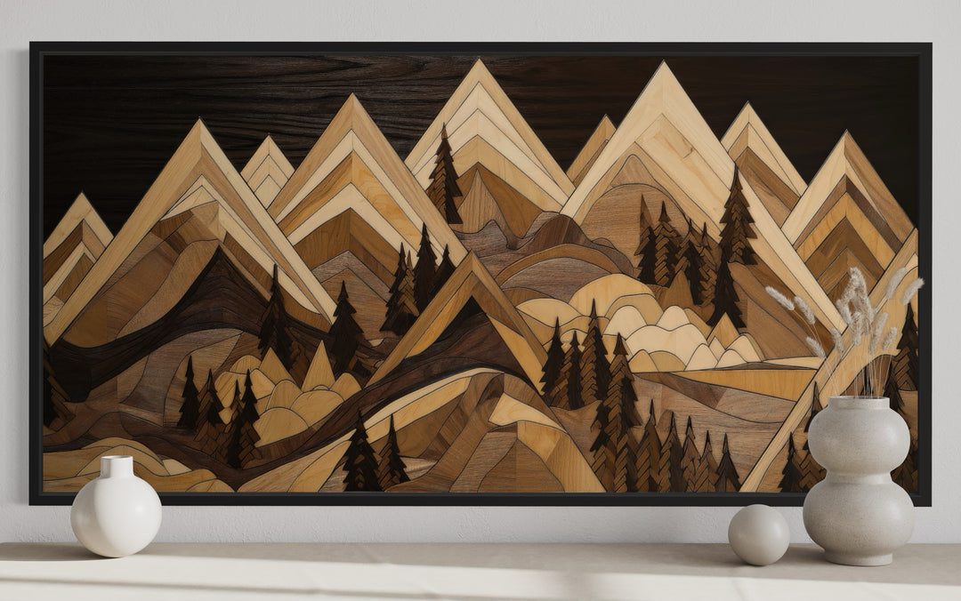 Framed canvas wall art featuring a geometric wood-effect mountain landscape in warm earthy tones.