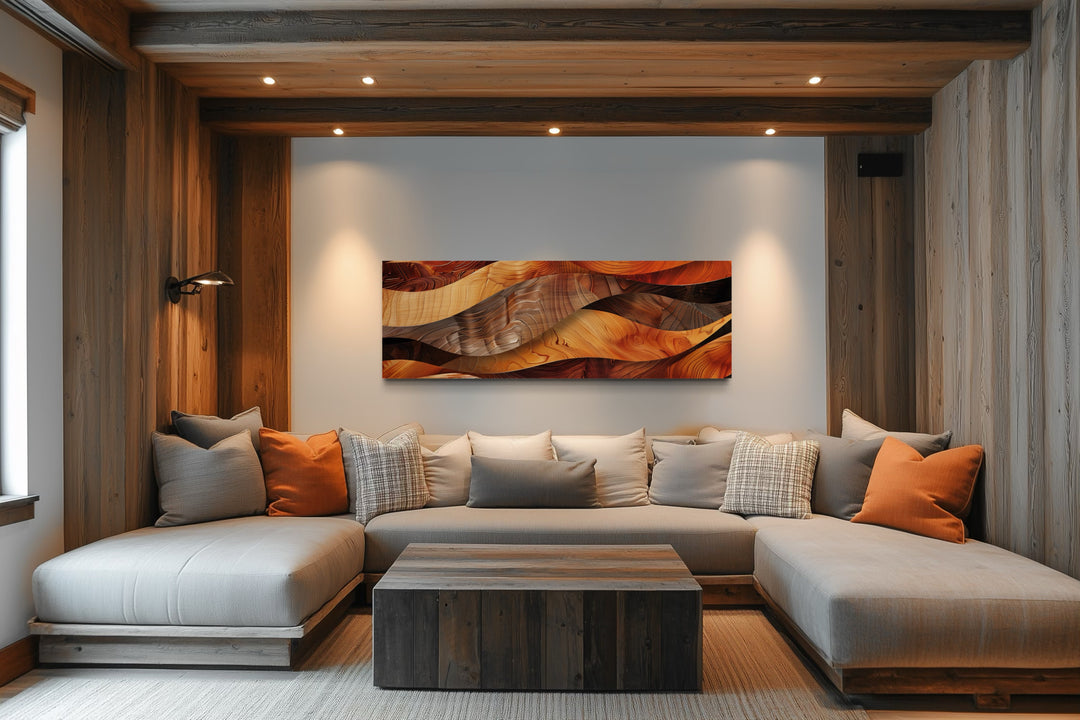 Horizontal framed canvas wall art with a rustic wood texture design in warm brown and orange tones.