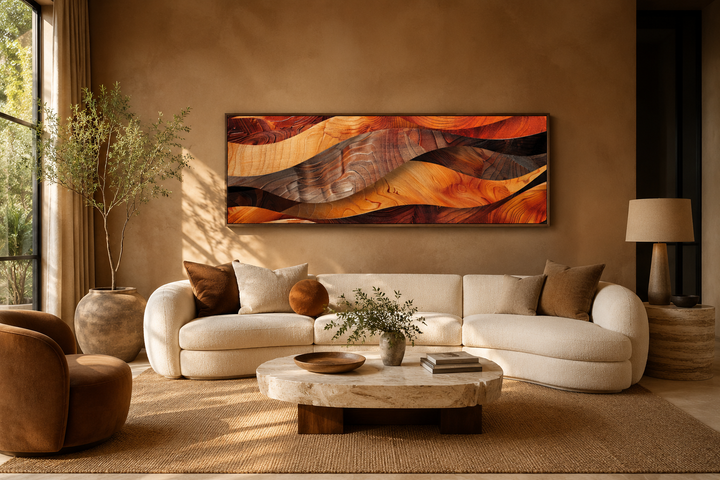 Horizontal framed canvas wall art with a rustic wood texture design in warm brown and orange tones.