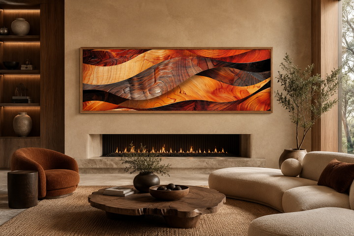 Horizontal framed canvas wall art with rustic wood grain texture in warm brown and orange tones.