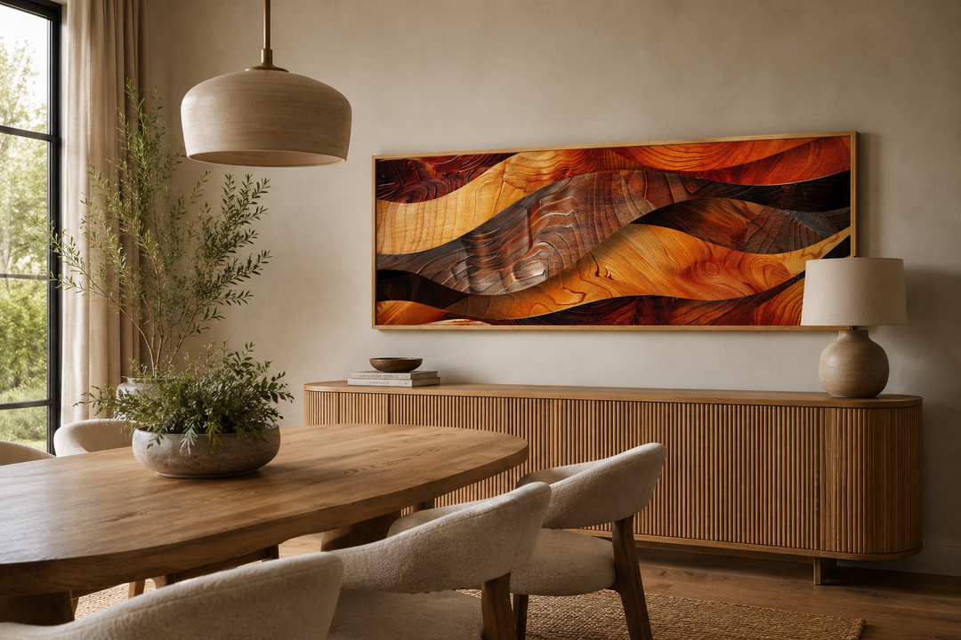 Horizontal framed canvas wall art featuring a rustic wood texture painting in warm earthy tones.