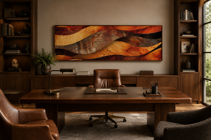 Horizontal framed canvas wall art with a rustic wood texture design in warm brown and orange tones.