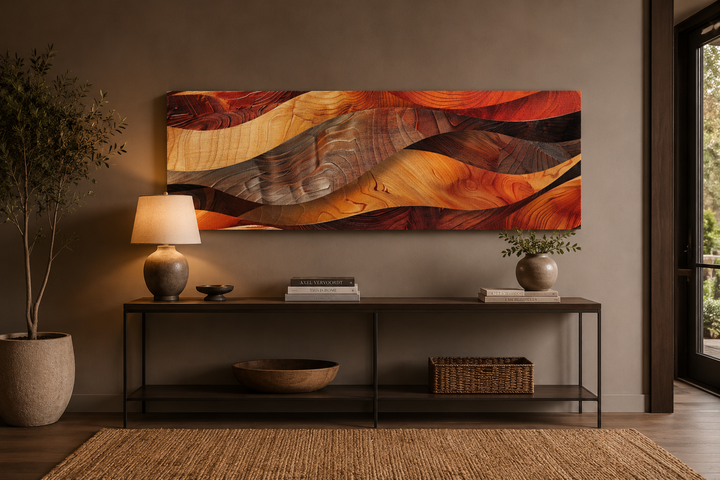 Horizontal framed canvas wall art with abstract wood grain texture in warm brown and orange tones.