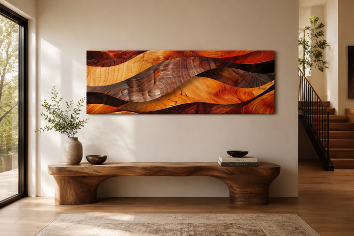 Horizontal framed canvas wall art with rustic wood grain texture in warm brown and orange tones.