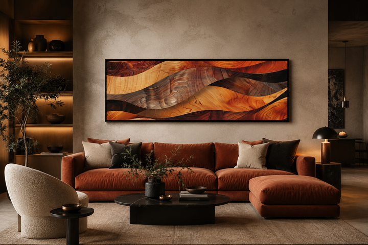 Horizontal framed canvas wall art with rustic wood texture design in warm brown and orange tones.