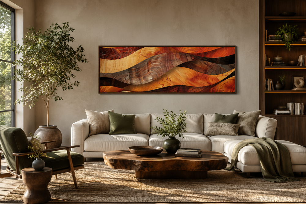 Horizontal framed canvas wall art with a rustic wood texture design in warm brown and orange tones.