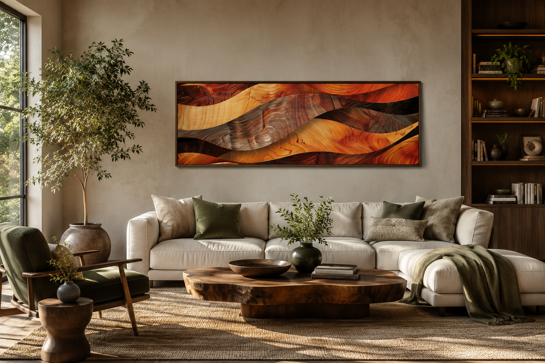 Horizontal framed canvas wall art with a rustic wood texture design in warm brown and orange tones.