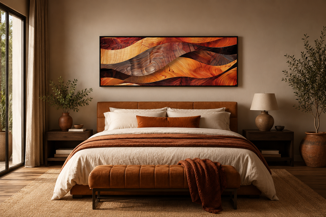 Horizontal framed canvas wall art with rustic wood texture painting in warm brown and orange tones.