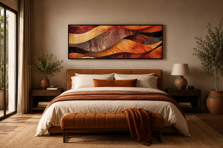 Horizontal framed canvas wall art with rustic wood texture painting in warm brown and orange tones.