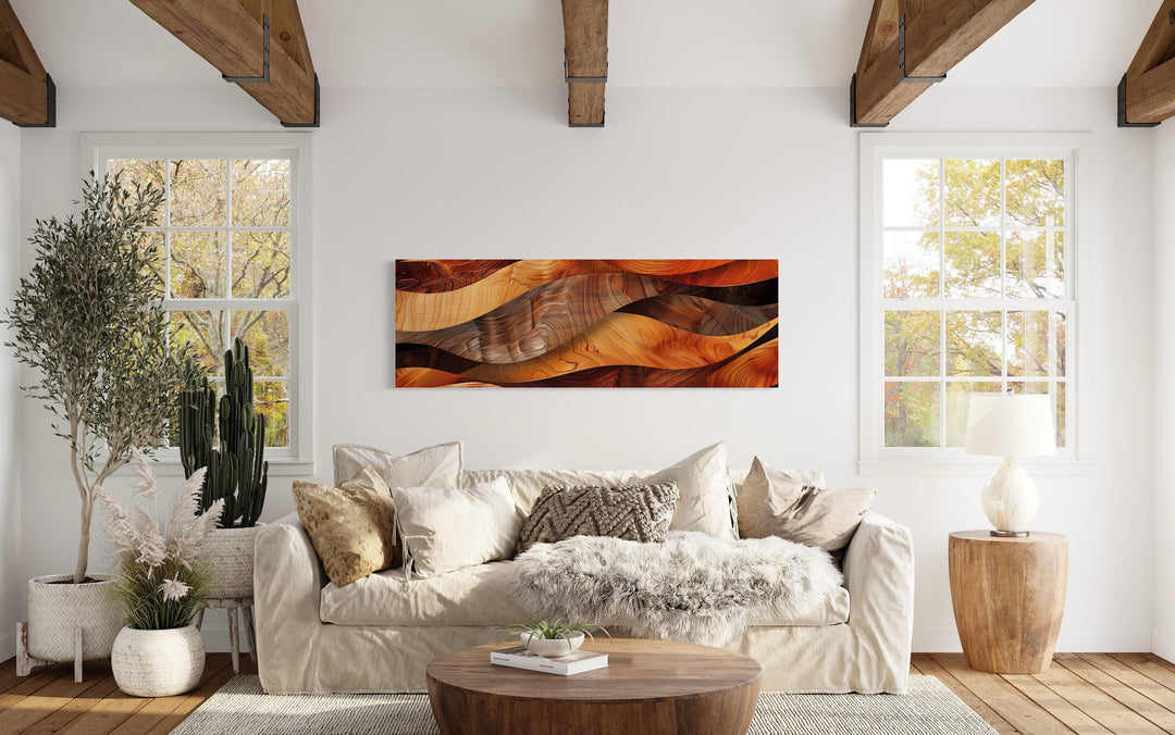 Horizontal framed canvas wall art with a rustic wood texture design in warm brown and orange tones.