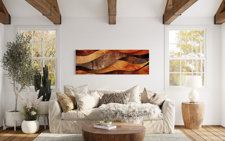 Horizontal framed canvas wall art with a rustic wood texture design in warm brown and orange tones.