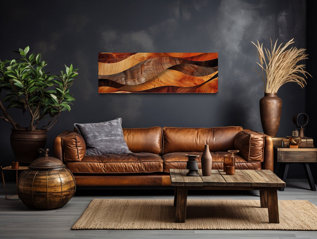 Horizontal framed canvas wall art with a rustic wood texture design in warm brown and orange tones.