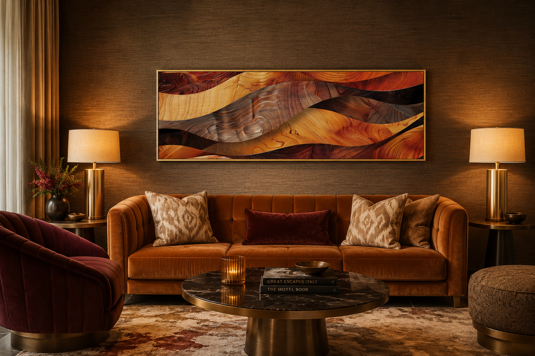 Horizontal framed canvas wall art with rustic wood texture design in warm brown and orange tones.