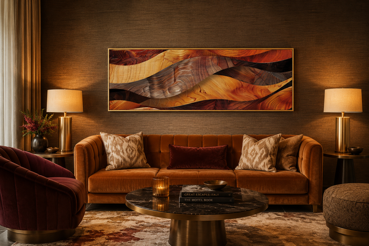 Horizontal framed canvas wall art with rustic wood texture design in warm brown and orange tones.