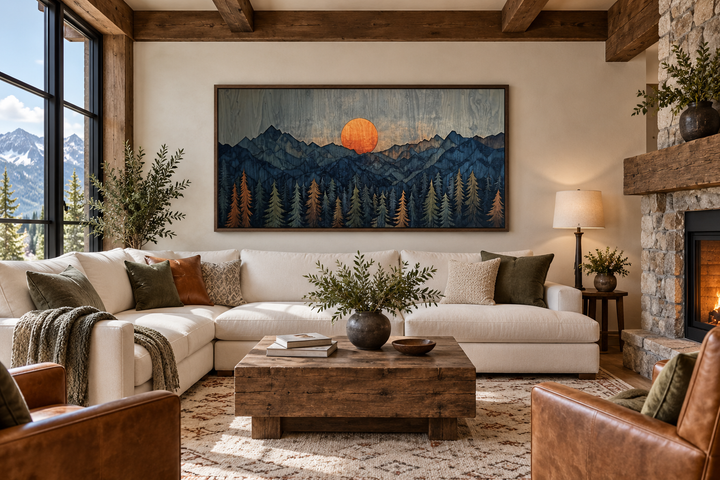Sunset over mountain and forest wooden effect framed canvas wall art above a white sectional sofa.
