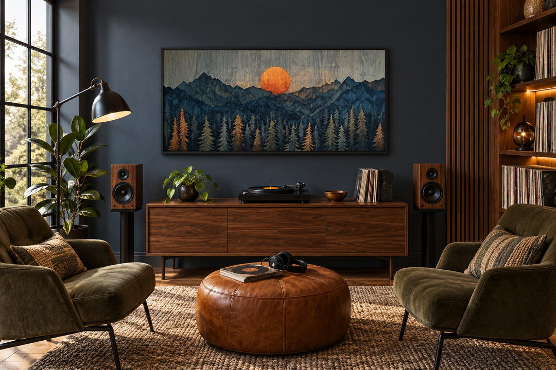 Sunset over mountain and forest wooden effect framed canvas wall art above a wooden sideboard.