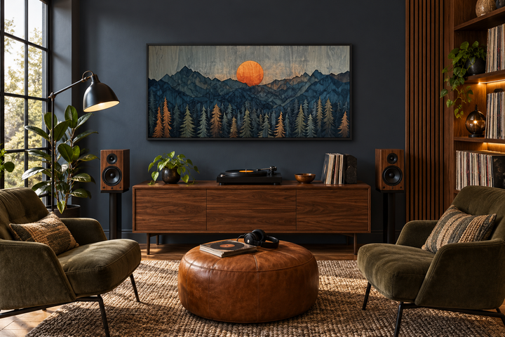 Sunset over mountain and forest wooden effect framed canvas wall art above a wooden sideboard.
