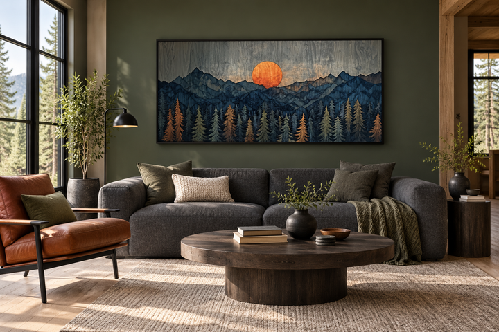 Sunset Over Mountain And Forest Wooden Effect Framed Canvas Wall Art above a sofa in a living room.