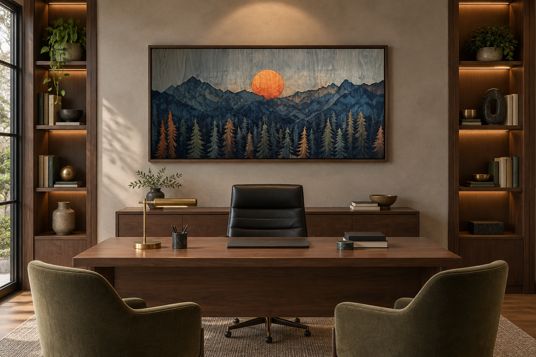 Sunset over mountain and forest wooden effect framed canvas wall art above a desk in an office.