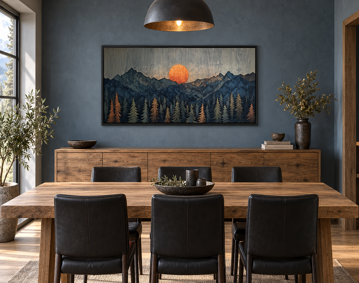 Sunset Over Mountain And Forest Wooden Effect Framed Canvas Wall Art above a wooden sideboard.