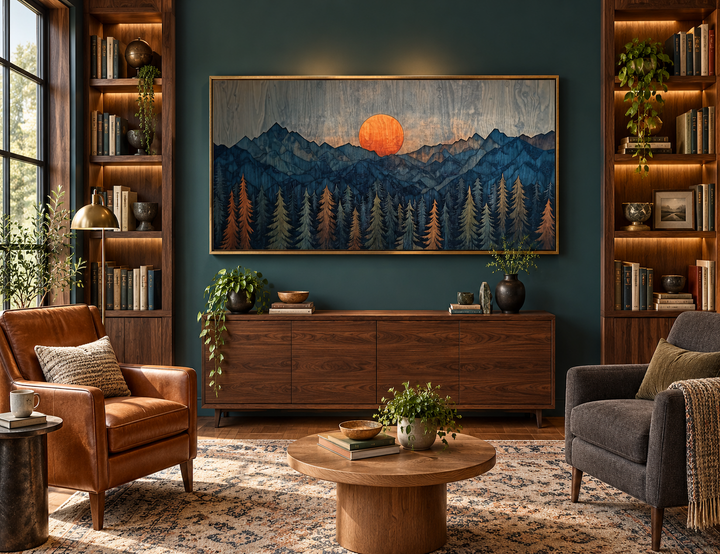Sunset over mountain and forest wooden effect framed canvas wall art in a rustic living room.