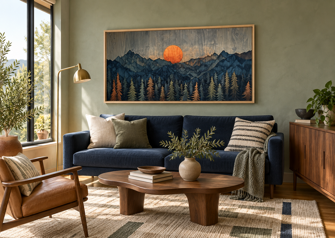Sunset Over Mountain And Forest Wooden Effect Framed Canvas Wall Art above a blue sofa.