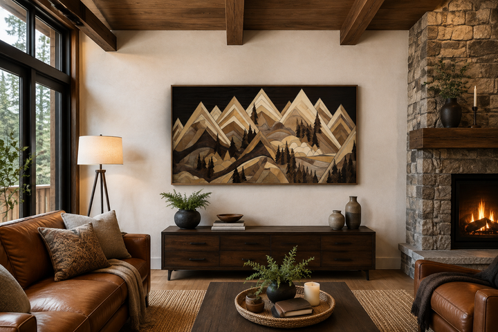 Framed canvas wall art featuring a geometric wood-effect mountain landscape in a rustic living room.