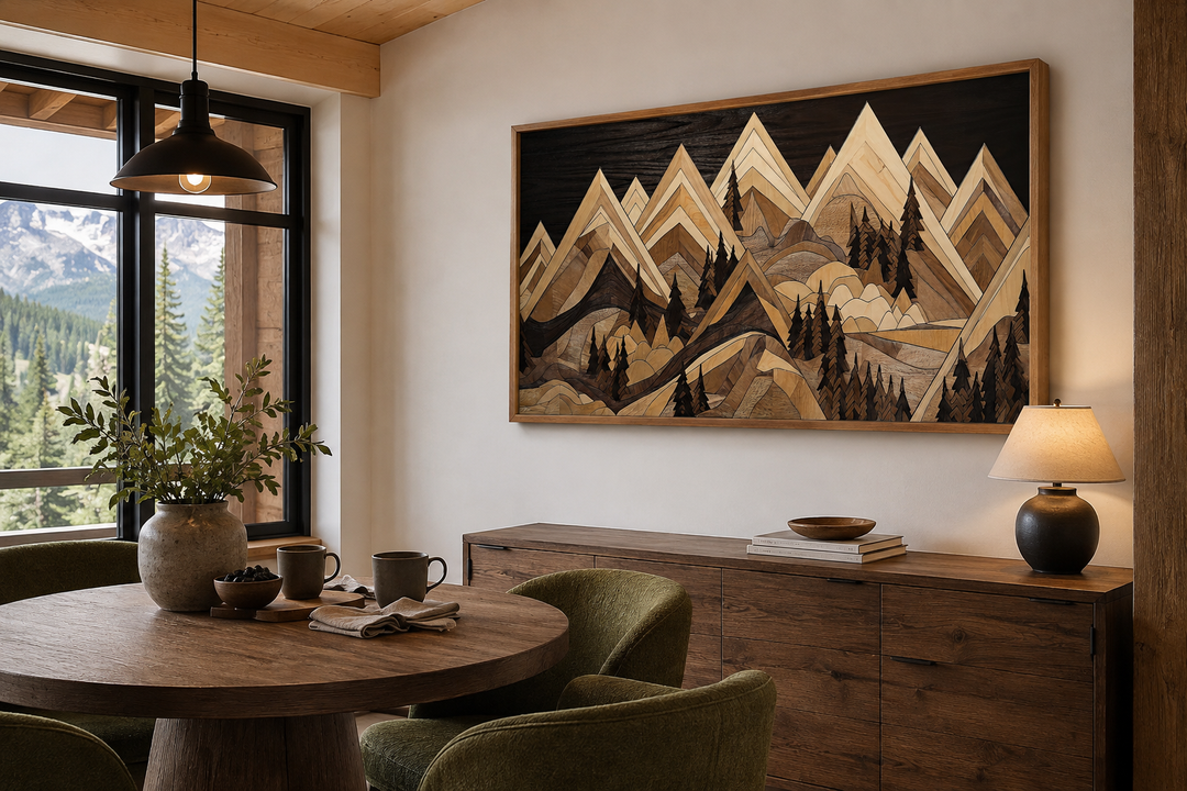 Framed canvas wall art featuring a geometric wood-effect mountain landscape in a rustic dining room.