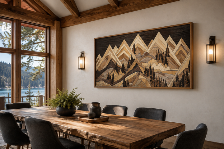 Framed wood mountain canvas wall art in a rustic dining room with a large wooden table and window.