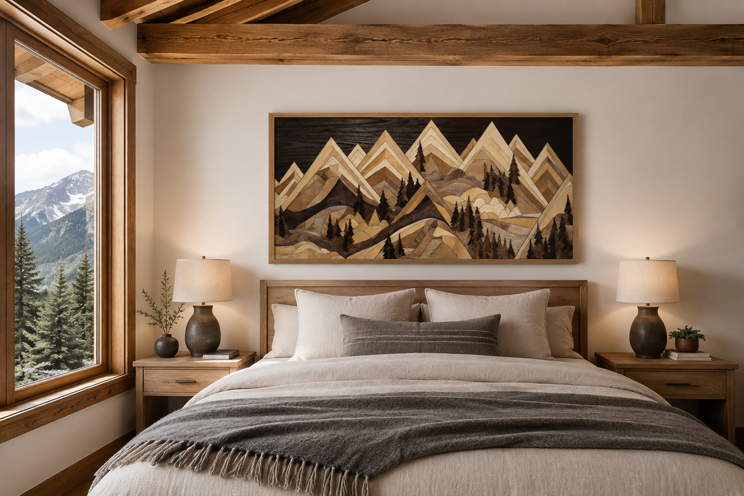 Framed wood mountain painting canvas wall art above a bed in a rustic cabin bedroom.
