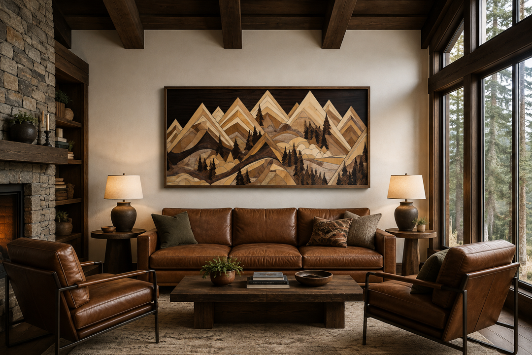 Framed wood mountain painting canvas wall art above a leather sofa in a rustic cabin living room.