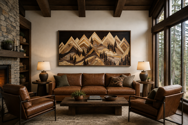 Framed wood mountain painting canvas wall art above a leather sofa in a rustic cabin living room.