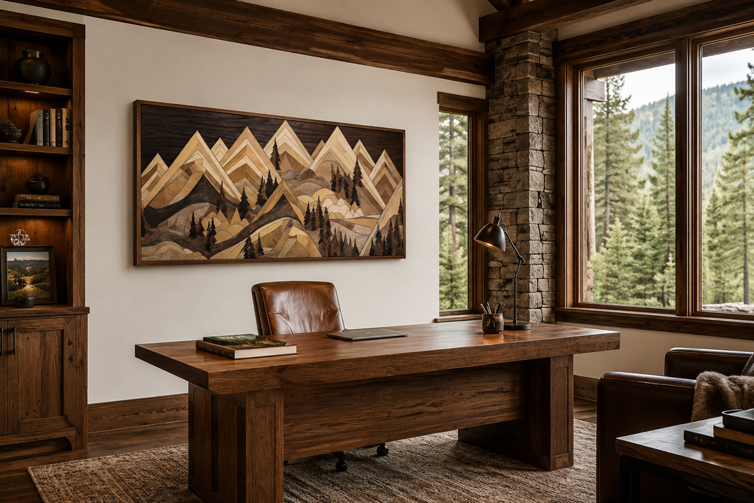 Framed wood mountain painting canvas wall art in a rustic cabin office with a large wooden desk.